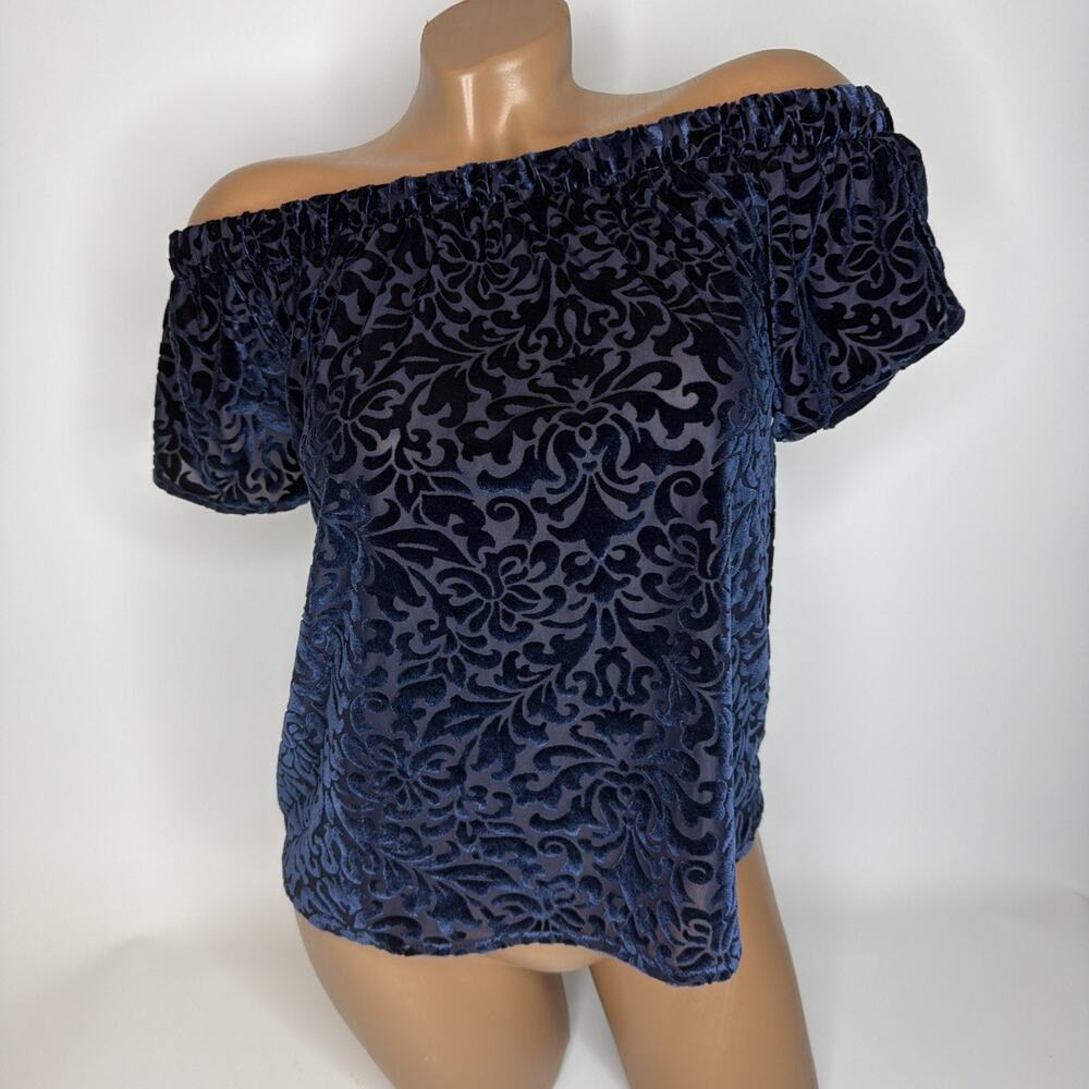 Hollister Womens Small Navy Ruched Velvet Top Burnout Off Shoulder Short Sleeve